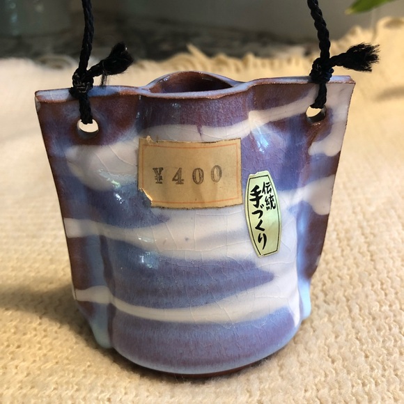 Handmade Japanese Pottery Hanging Vase - Ikebana - Brown Blue White - Picture 2 of 10